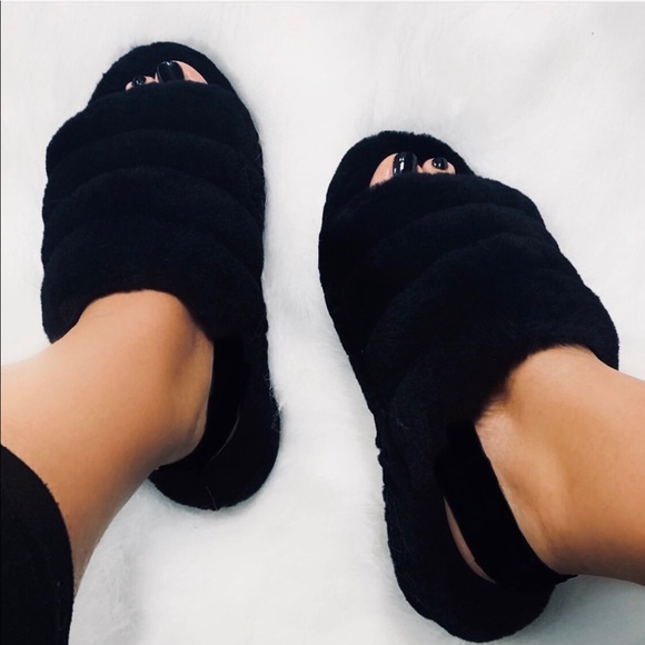 Black Fluff Fuzz Slippers Slides With Ankle Strap - Picture 7 of 8